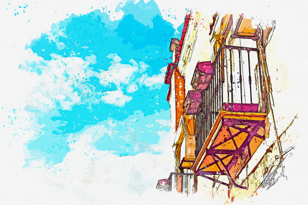 意大利著名地标阿马尔菲小镇索伦托的水彩画。图片下载