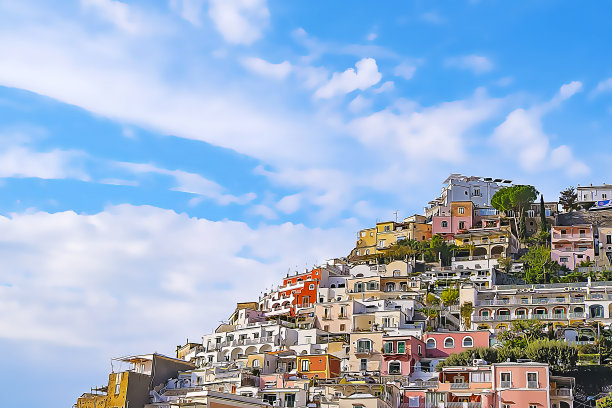 意大利著名地标阿马尔菲小镇索伦托的水彩画。素材图片