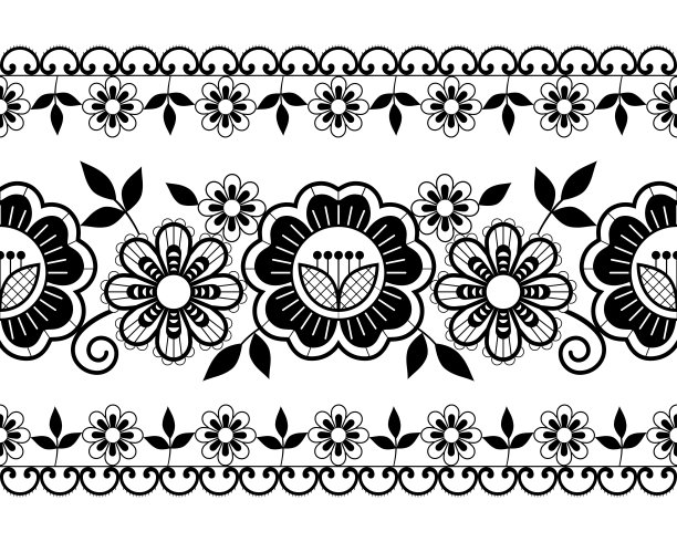 无缝婚礼蕾丝模式，装饰性的黑色和白色设计玫瑰，花和漩涡，详细的蕾丝主题图片下载