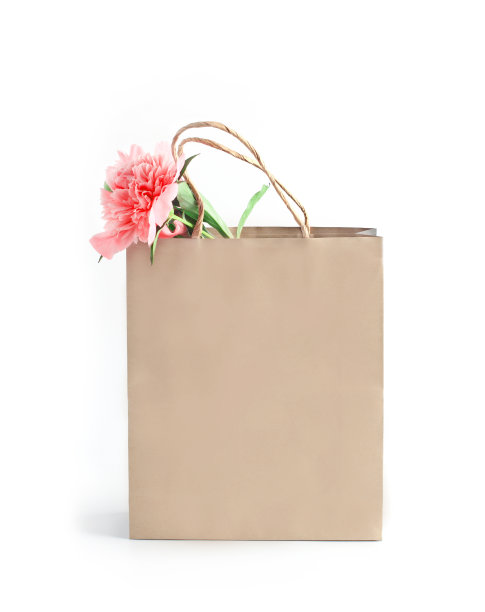 花的概念。生态纸袋和粉红牡丹。布局与文本空间图片下载
