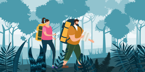 游客情侣带着地图和背包进行户外旅游活动。森林树木山地景观。探险旅行，徒步旅行旅游，野外自然徒步旅行。一对游客、背包客或朋友一起旅行。平的卡通色彩斑斓图片下载