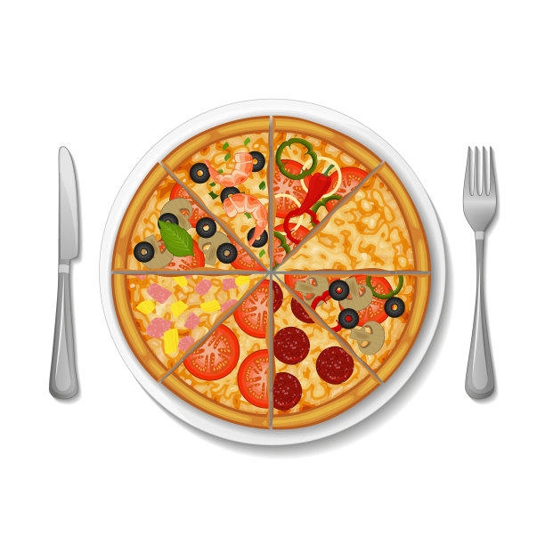 披萨放在盘子里，叉，刀放在白色的背景上。对象用于包装、广告、菜单。孤立在白色的。矢量插图。卡通。图片下载