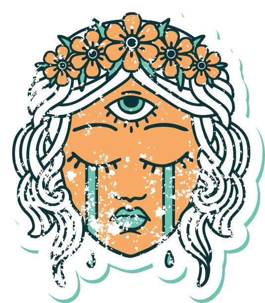 心疼贴纸纹身风格图标的女性脸与第三眼哭泣图片下载