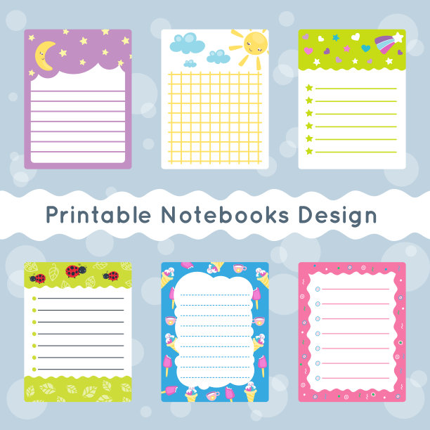 可打印的页面设计收集的孩子。有趣的模板为笔记本可爱的图形。幼儿园和学校的概念。矢量插图，卡通平面风格。图片下载