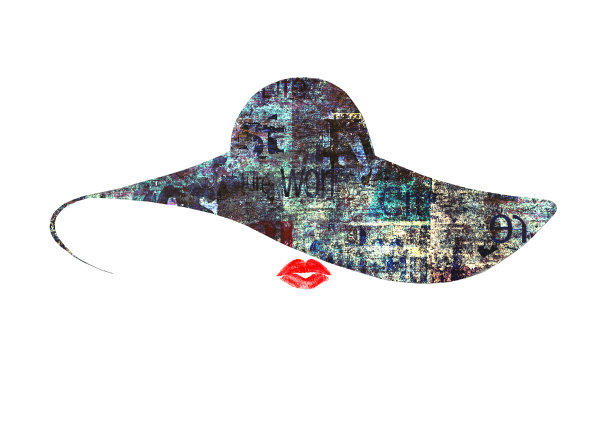 手绘混合媒介插图。红唇美女，黑帽子和报纸印刷图片下载