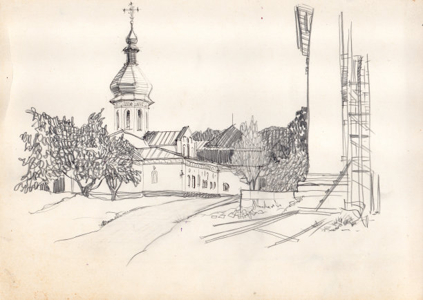 乌克兰切尔尼夫诺夫哥罗德西沃斯基市一座巴洛克风格的古建筑手绘草图。墨水笔涂鸦，书籍封面黑白插图，t恤印刷图片下载