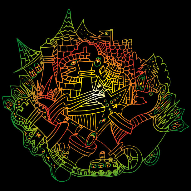 棋子。徒手画的草图。黑色背景上的明亮轮廓。卡通城市。迷幻的模式。图片下载