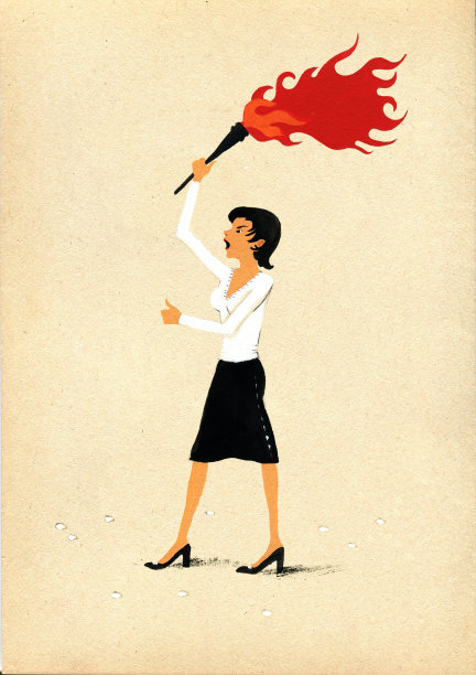 好战的女人穿着工作服，手里拿着火把。着色牛皮纸上的插图。图片下载