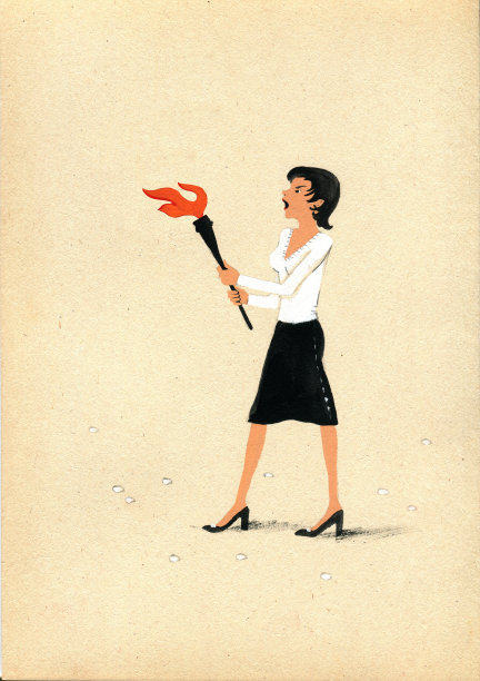 好战的女人穿着工作服，手里拿着火把。着色牛皮纸上的插图。图片下载