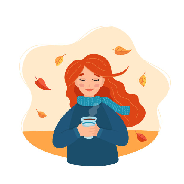 你好，秋天可爱的女孩拿着一个有秋天背景和树叶的杯子。平面风格的矢量插图图片下载