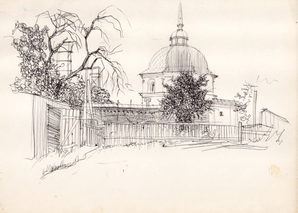 乌克兰切尔尼夫诺夫哥罗德西沃斯基市一座巴洛克风格的古建筑手绘草图。墨水笔涂鸦，书籍封面黑白插图，t恤印刷图片下载