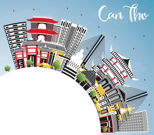 越南城市的天际线与灰色的建筑，蓝天和复制空间。图片下载