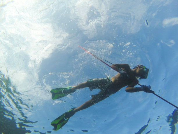 在太平洋中用鱼叉捕鱼的小男孩图片下载