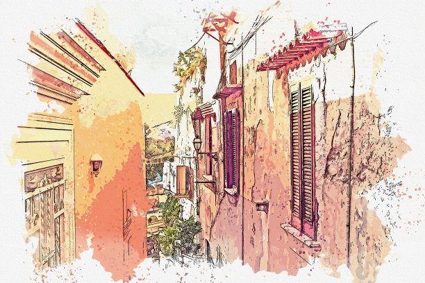 意大利著名地标阿马尔菲小镇索伦托的水彩画。图片下载