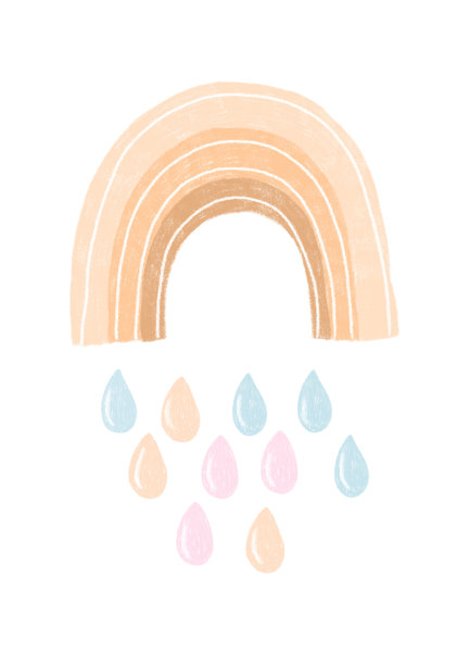 手绘彩虹和雨滴在温暖柔和的颜色，托儿所海报设计图片下载