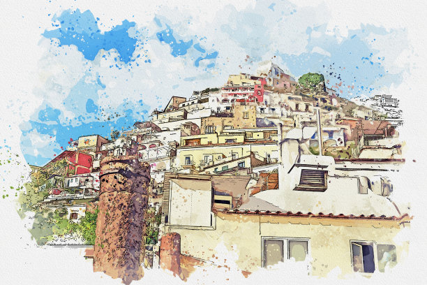 意大利著名地标阿马尔菲小镇索伦托的水彩画。图片下载