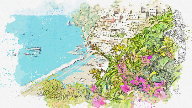 意大利著名地标阿马尔菲小镇索伦托的水彩画。图片下载
