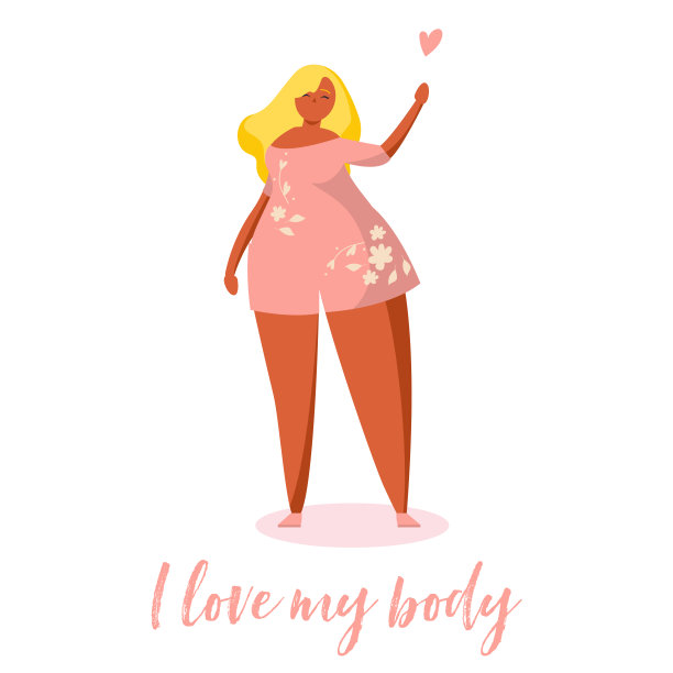 自信美丽的大码女孩。身体正面卡片与植物和字母在时尚的扁平风格。我爱我的身体图片下载