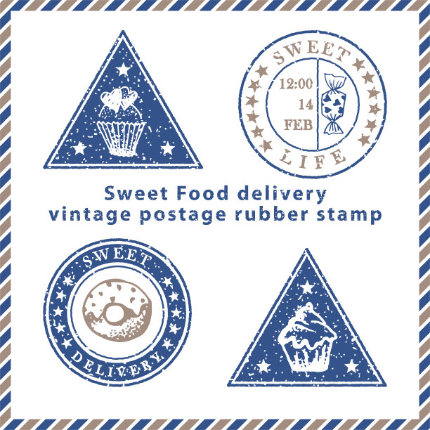 一套复古的纹理垃圾食品交付橡胶邮票与餐符号在经典的蓝色和棕色的颜色。用于设计明信片，广告海报，网页横幅，促销传单图片下载