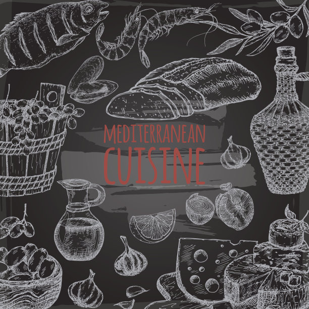 地中海式饮食模板。黑板上有面包，葡萄，奶酪，橄榄，海鲜。图片下载