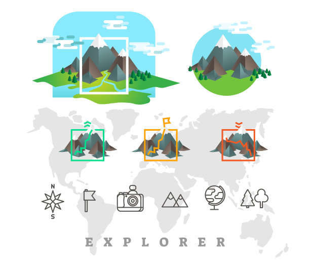 资源管理器矢量插图设置山和线图标。图片下载
