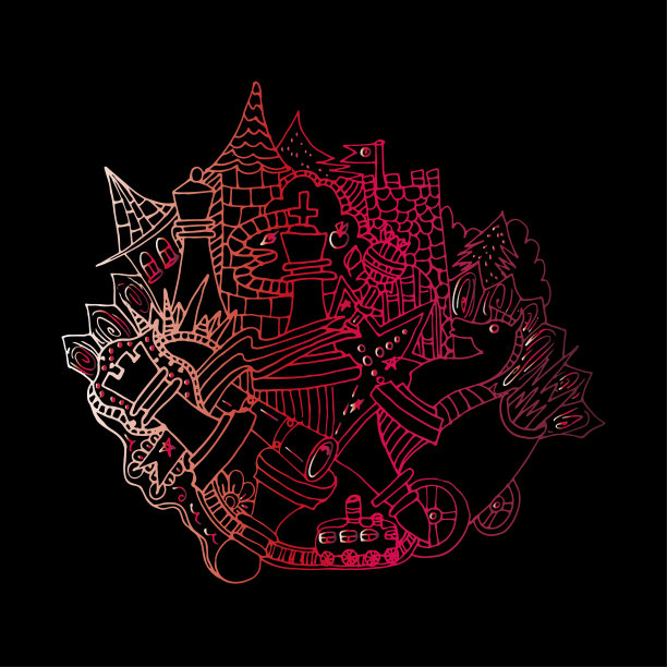 棋子。徒手画的草图。黑色背景上的明亮轮廓。卡通城市。迷幻的模式。图片下载