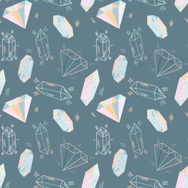 无缝模式与手工绘制晶体在柔和的颜色在深蓝色的背景图片下载