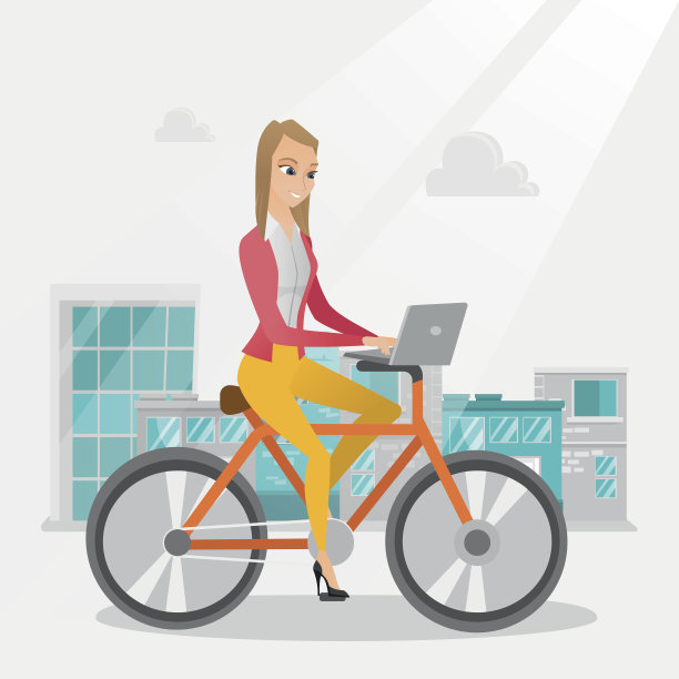 骑着自行车带着笔记本电脑的女商人图片下载