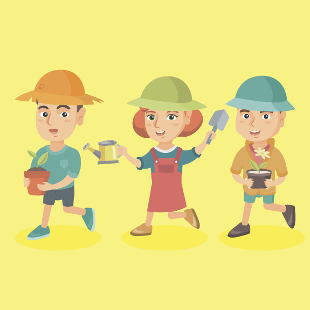 三名白种儿童种植花卉图片下载