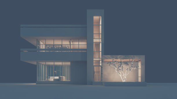 该项目采用白色材料，采用夜间照明和窗户采光。3 d演示。3 d渲染。股票插图。图片下载