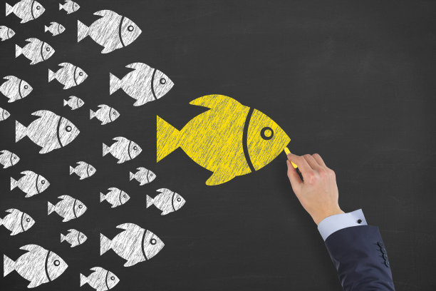 人类手绘领导概念与鱼在黑板上的背景图片下载