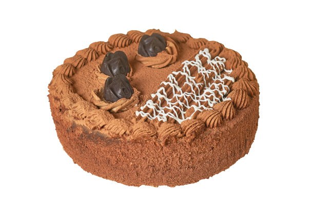 一个棕色奶油蛋糕与巧克力玫瑰孤立在白色背景没有阴影。特写镜头图片下载