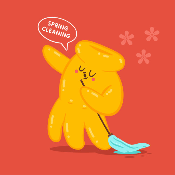 春季清洁矢量卡通概念插图与滑稽的手套手字符与拖把。图片下载