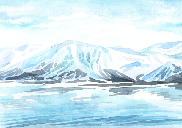 北极景观和冰川。背景与复制空间。手绘水彩插图图片下载