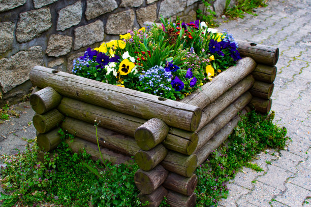 木制花盆，有黄色，白色，紫色，蓝色和红色的花图片下载