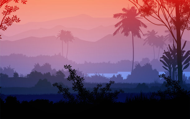 自然剪影森林山地平线山在傍晚日出和日落风景壁纸插图矢量风格彩色的视图背景图片下载