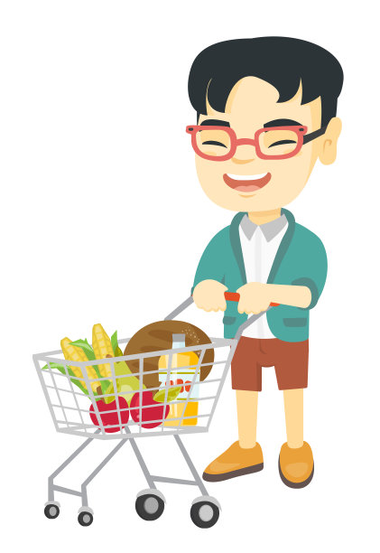 亚洲小男孩推着购物车图片下载