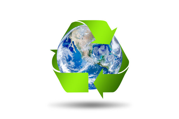 循环箭头标志周围蓝色行星地球孤立在白色背景。图片下载