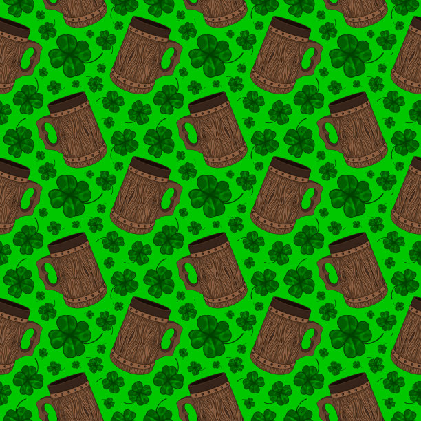 无缝模式与三叶草叶和啤酒中世纪风格的马克杯在绿色的背景为啤酒节和圣帕特里克节装饰图片下载