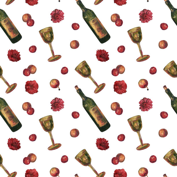 图案有一瓶葡萄酒，一个玻璃杯，苹果和鲜花。用油彩画的彩色布景。Zinnia花。纺织品，墙纸，包装纸。颜色。一种喜庆的饮酒模式。图片下载