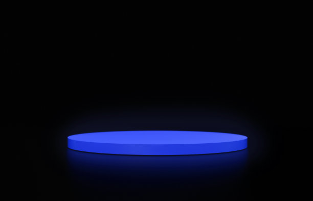 荧光蓝色空基座圆柱体的3D渲染在暗黑色的墙壁或空基座模型图片下载