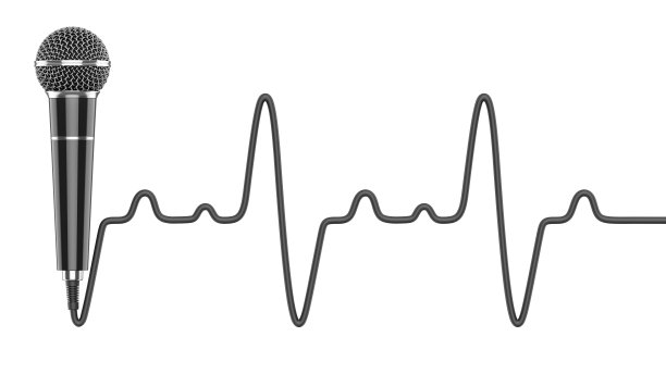 传声器用导线做成心跳图的形状，表示对音乐的热爱。白色背景上孤立的黑色有线麦克风的3D渲染图。图片下载