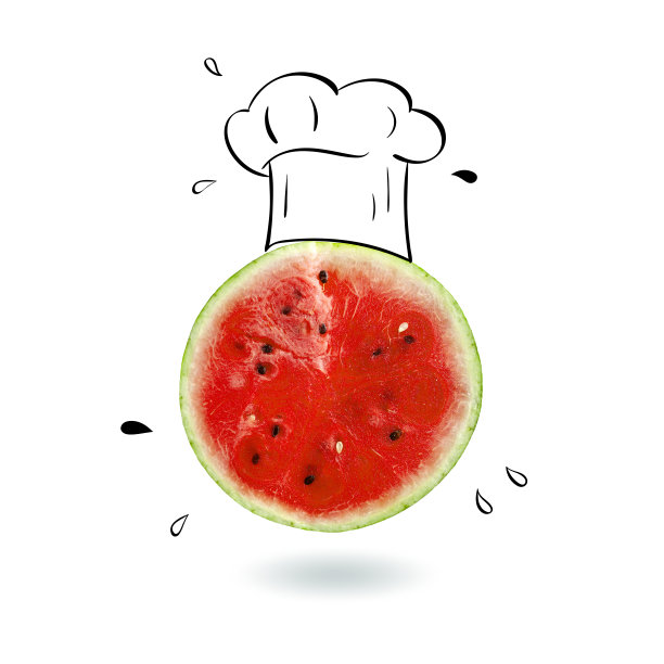 白色背景上的厨师帽和西瓜概念图片下载