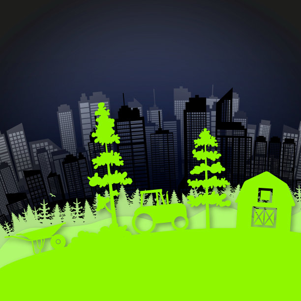 绿色的景观，一个农场在前面和一个黑暗的工业城市在背景。图片下载