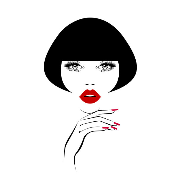 美丽的女人脸上有黑色的嘴唇，浓密的睫毛，手上有黑色的指甲，黑色的头发，时尚的发型。美丽的标志。指甲艺术工作室。壁纸背景。矢量插图。图片下载