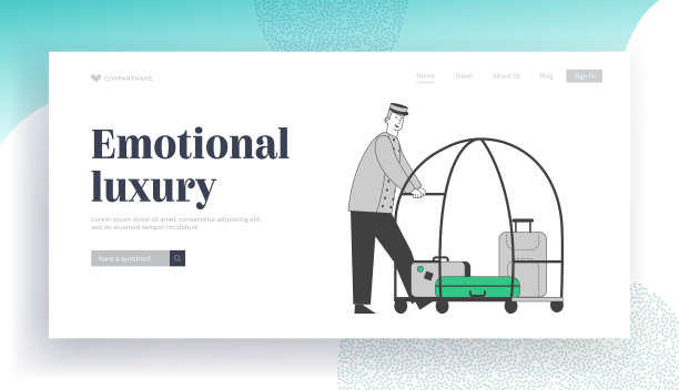 行李员，行李员推行李车与手提箱网站着陆页。酒店员工制服行李员接待客人，酒店服务网页横幅。卡通平面矢量插图，线条艺术图片下载