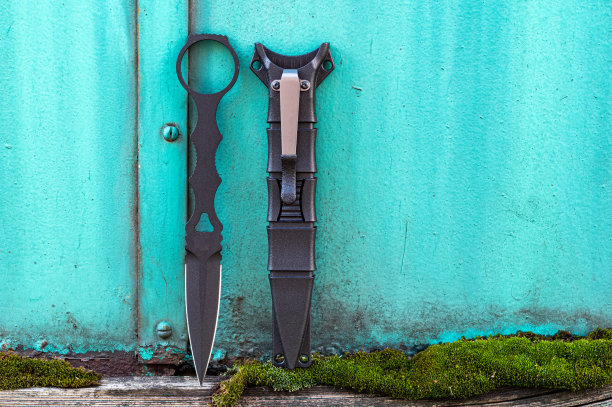 在绿松石背景和苔藓上有一个箱子的小刀。图片下载