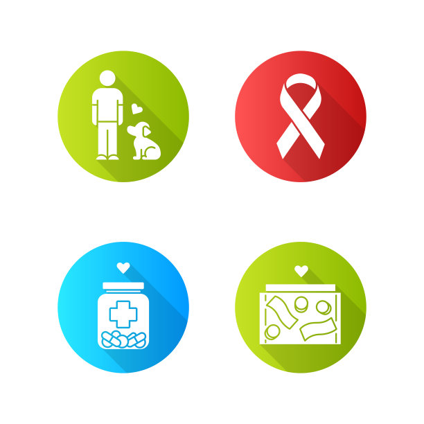 志愿平面设计长阴影字形图标集。人道主义援助。利他主义的活动。动物福利，捐款箱，医疗救助，宣传丝带。向量轮廓图图片下载