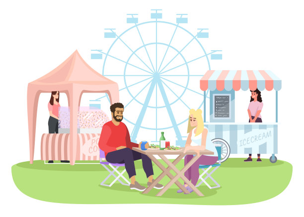 情侣在夏季游乐场户外咖啡馆平面插图。男朋友吃饭，女朋友吃饭，广场上有卡通人物吃饭。游乐园，节日景点，摩天轮，市场摊位图片下载