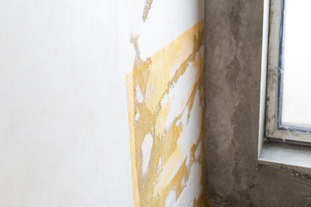 内墙用砂浆覆盖玻璃纤维网(加强网)。图片下载